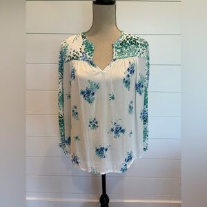 Lucky Brand Boho Long Sleeve Green and Blue Floral Blouse Size Large